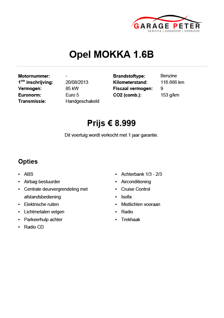 Opel MOKKA 1.6B tweedehandswagens garage peter bredene