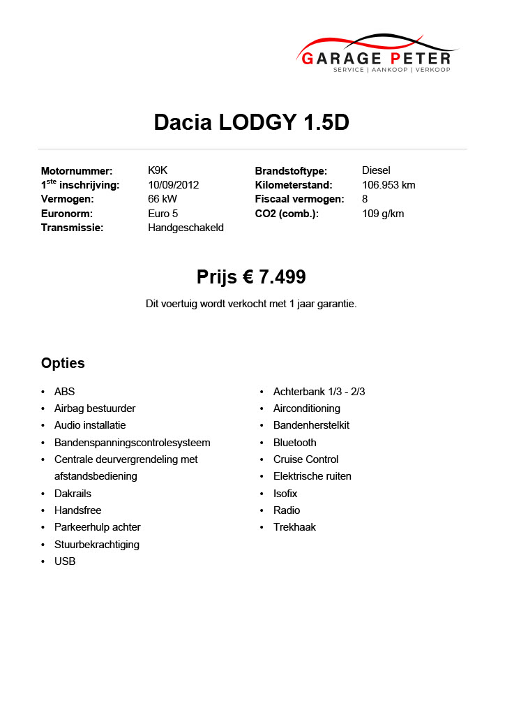Dacia LODGY 1.5D tweedehandswagens garage peter bredene