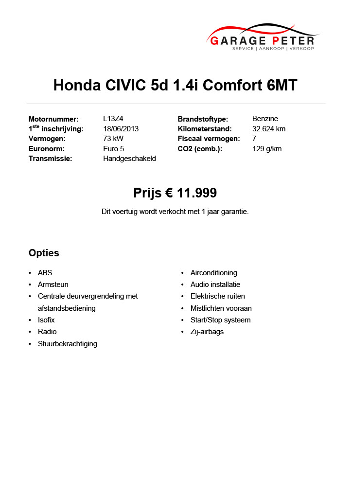 Honda CIVIC 5d 1.4i Comfort 6MT tweedehandswagen garage peter bredene