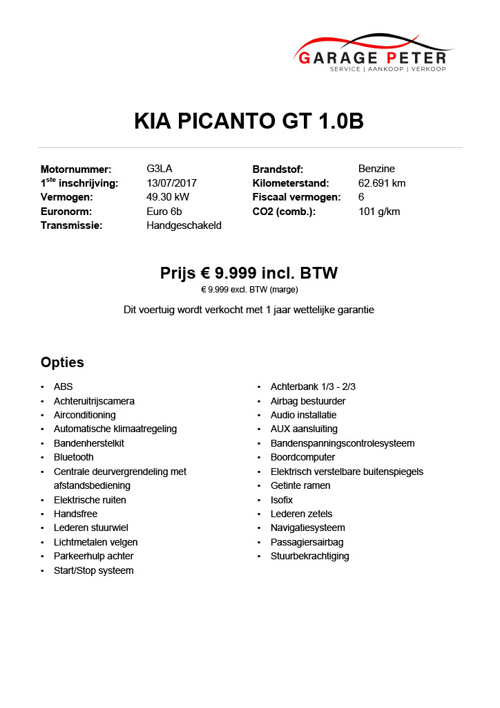 fiche kia picanto gt 1000 benzine tweedehandswagens garage peter bredene oostende