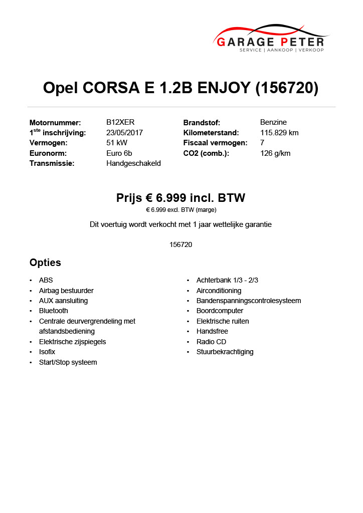 fiche opel corsa e 1200 benzine enjoy tweedehandswagens garage peter bredene oostende