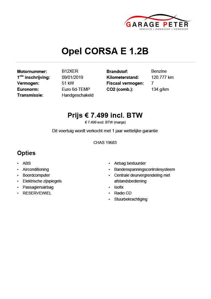 fiche Opel Corsa E 1.2 benzine tweedehandswagens garage peter bredene oostende