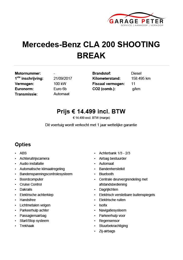 FICHE Mercedes Benz CLA 200 SHOOTING BRAKE tweedehandswagens garage peter bredene oostende