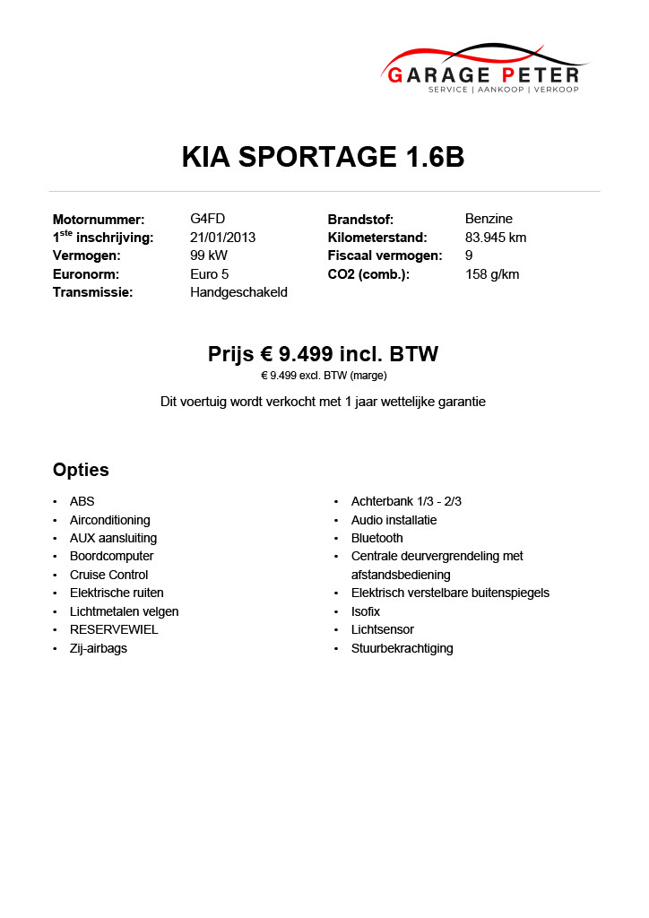 fiche Kia Sportage 1600 benzine tweedehandswagens garage peter bredene oostende