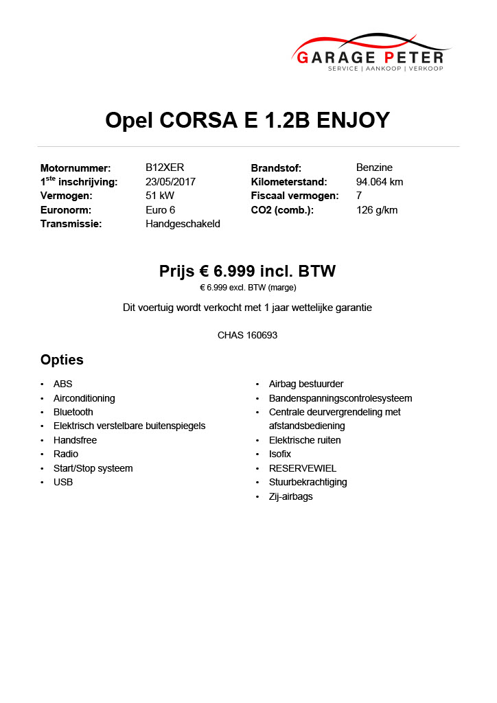 fiche Opel Corsa E 1200 benzine Enjoy tweedehandswagens garage peter bredene oostende