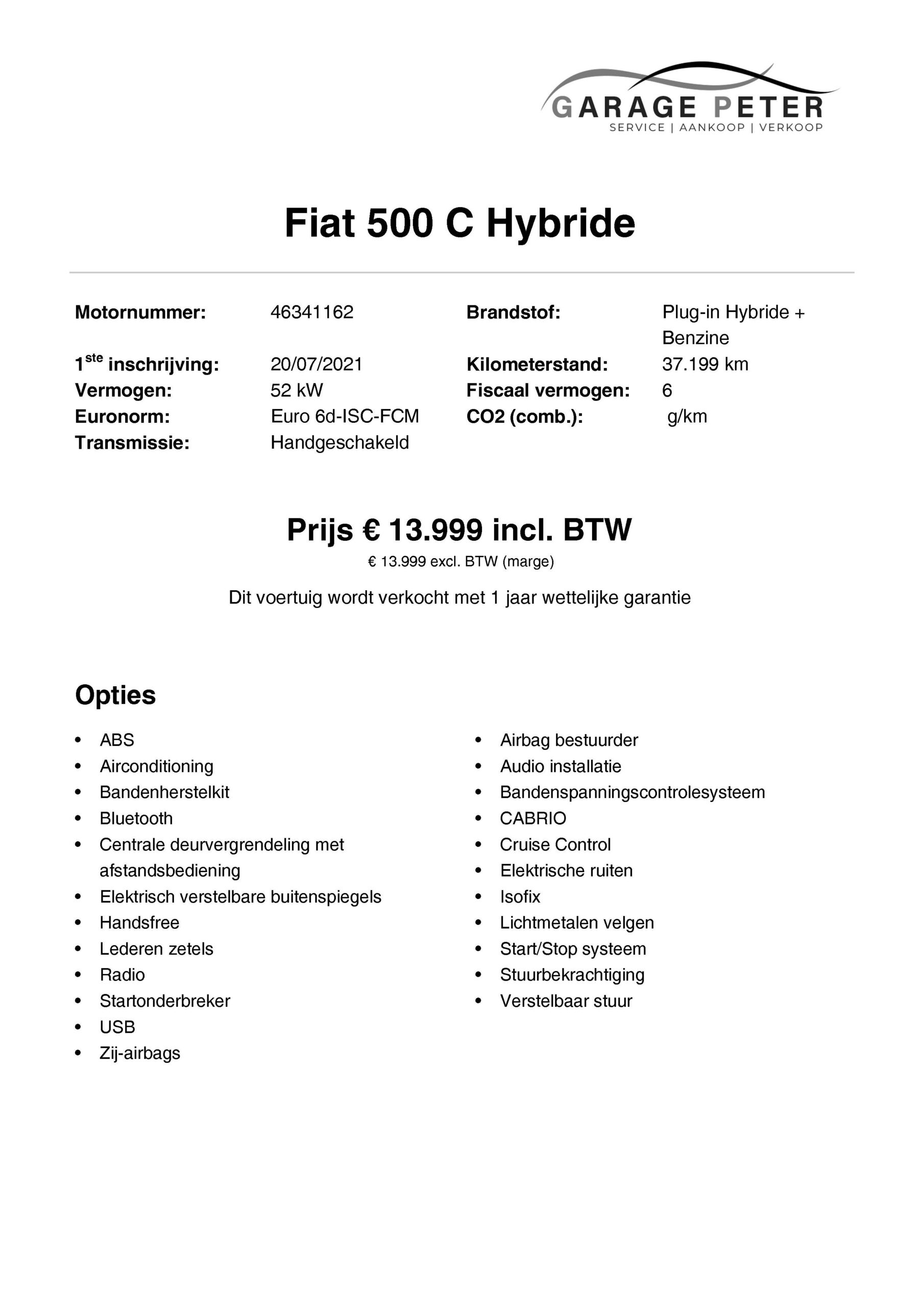 FICHE Fiat 500 C hybride 2021 1240 benzine cabrio rood tweedehandswagens garage peter bredene oostende (15)