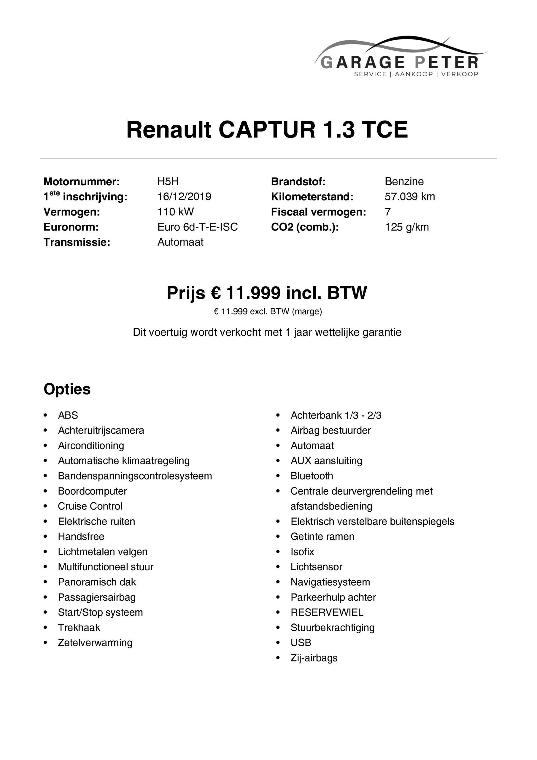 fiche Renault Captur 1.3 TCE automaat full option tweedehandswagens garage peter bredene oostende fiche Renault Captur 1.3 TCE automaat full option tweedehandswagens garage peter bredene oostende