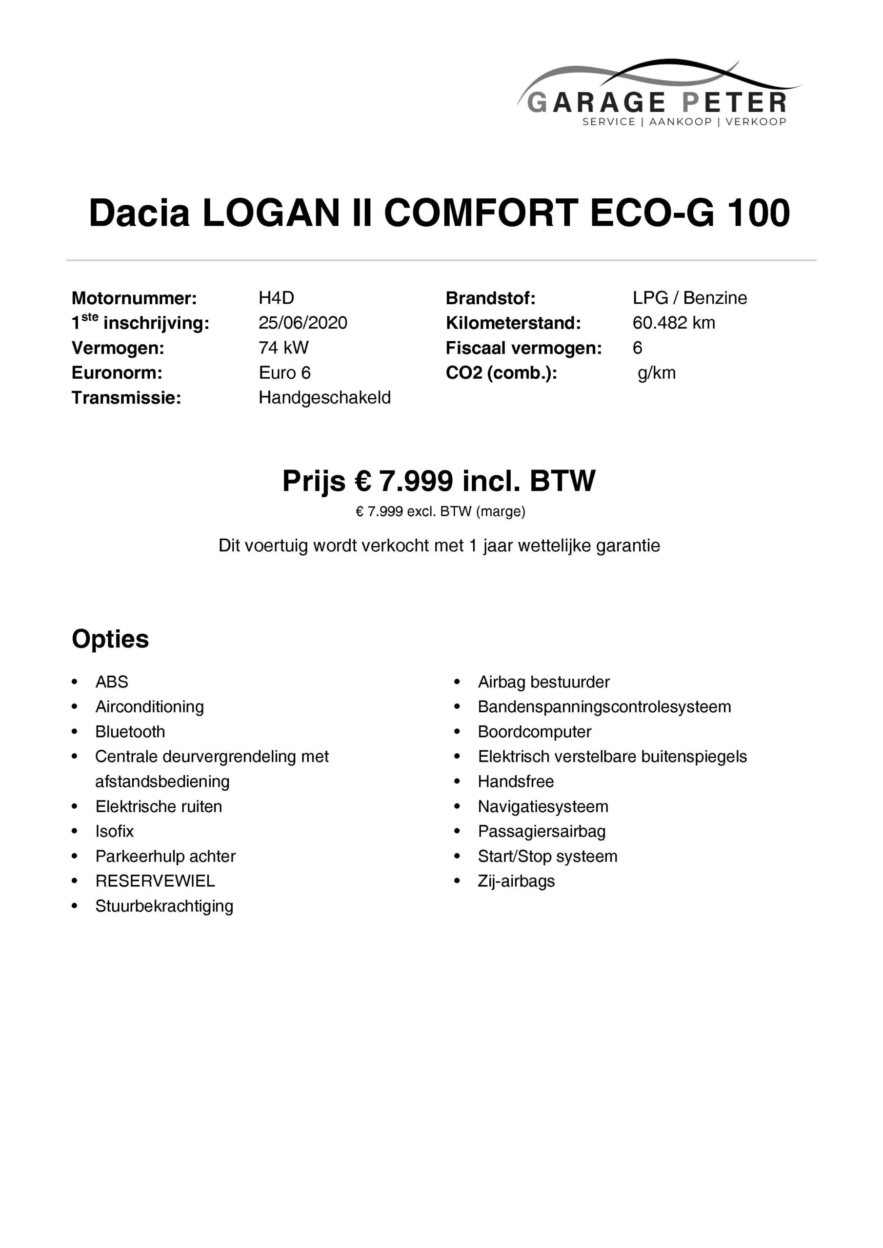 fiche Dacia Logan II Comfort ECO G 100 2020 tweedehandswagens garage peter bredene oostende