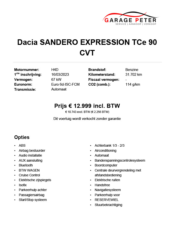 fiche Dacia Sandero Expression TCe90 automaat benzine 2023 tweedehandswagens garage peter bredene oostende