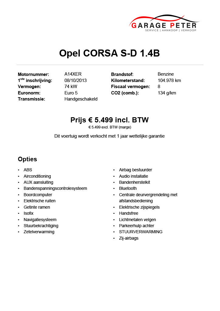fiche Opel Corsa SD 1400 benzine tweedehandswagens garage peter bredene oostende