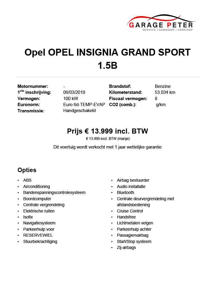 fiche Opel Insignia Grand Sport 1500 benzine tweedehandswagens garage peter bredene oostende
