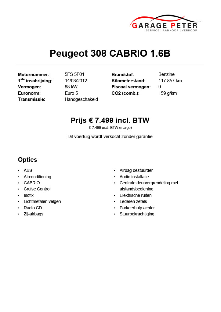 FICHE Peugeot 308 Cabrio 1600 benzine foto1 tweedehandswagens garage peter bredene oostende
