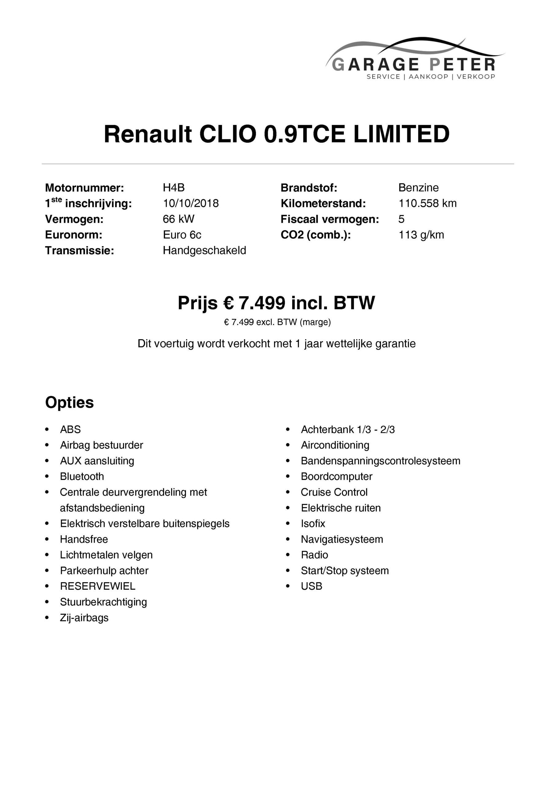 fiche renault clio 09 tce limited 2018 benzine tweedehandswagens garage peter bredene oostende