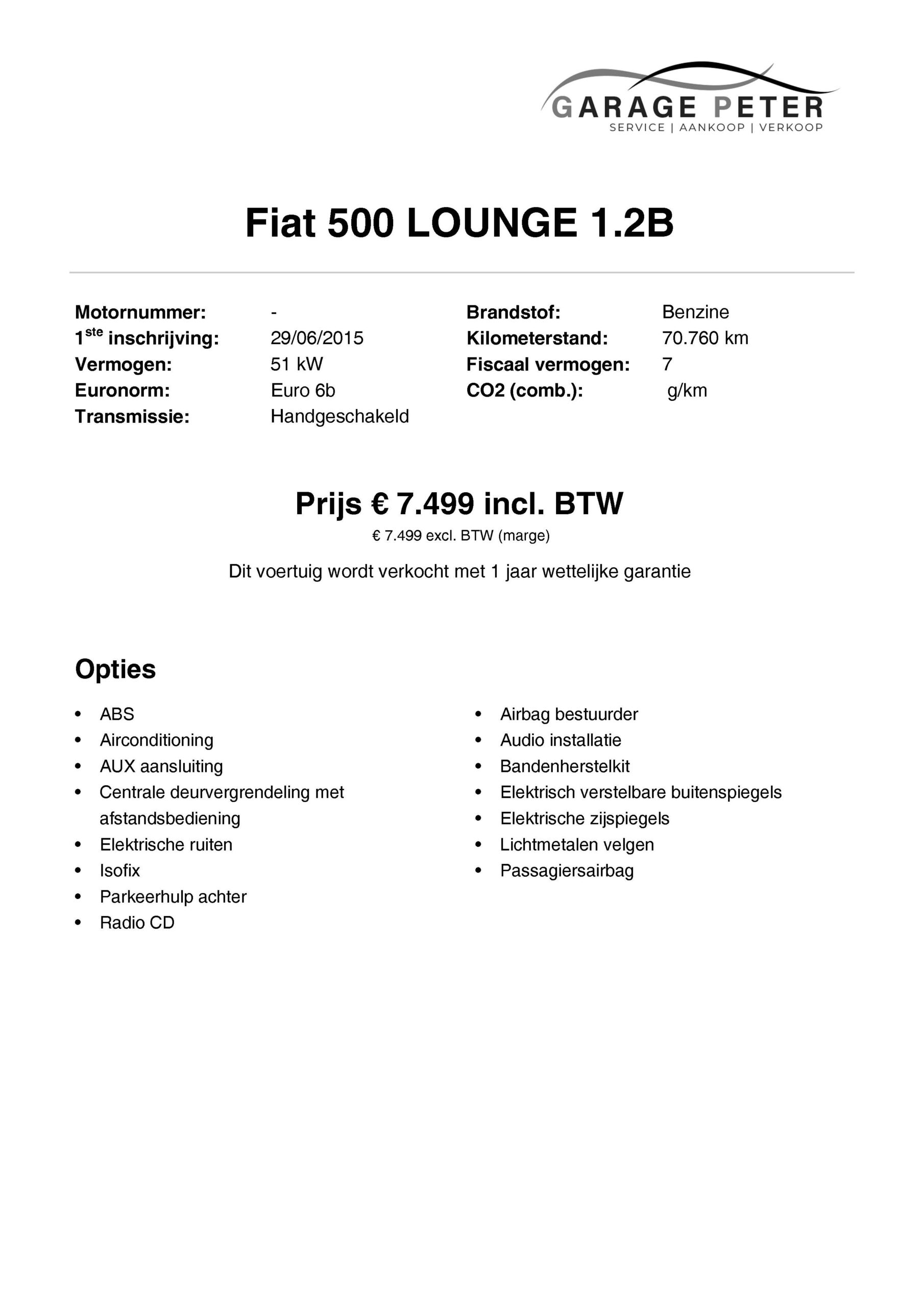 fiche Fiat 500 Lounge 1200 benzine voorkant tweedehandswagens garage peter bredene oostende