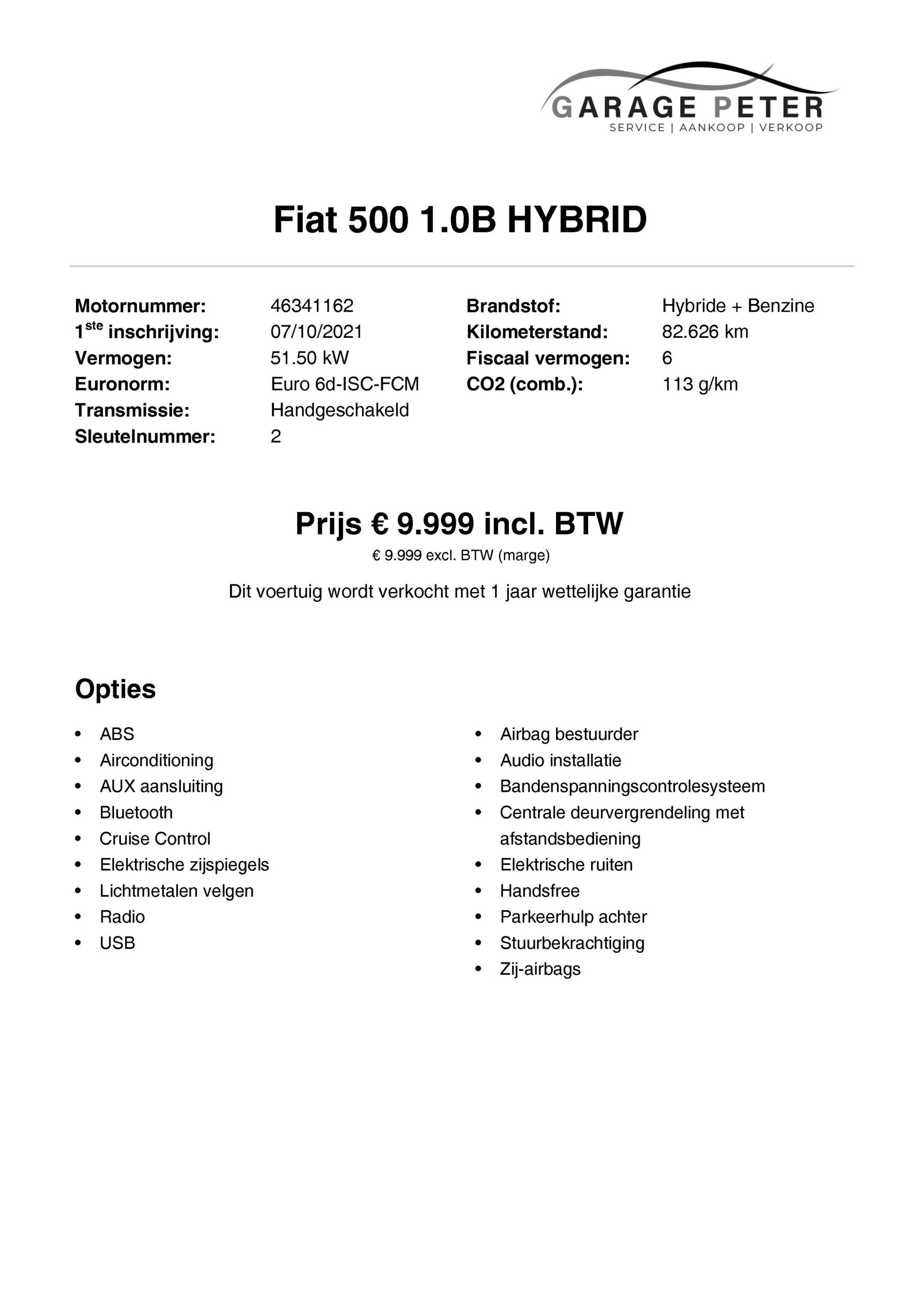 fiche Fiat 500 1000 benzine hybrid dolcevita tweedehandswagens garage peter bredene oostende