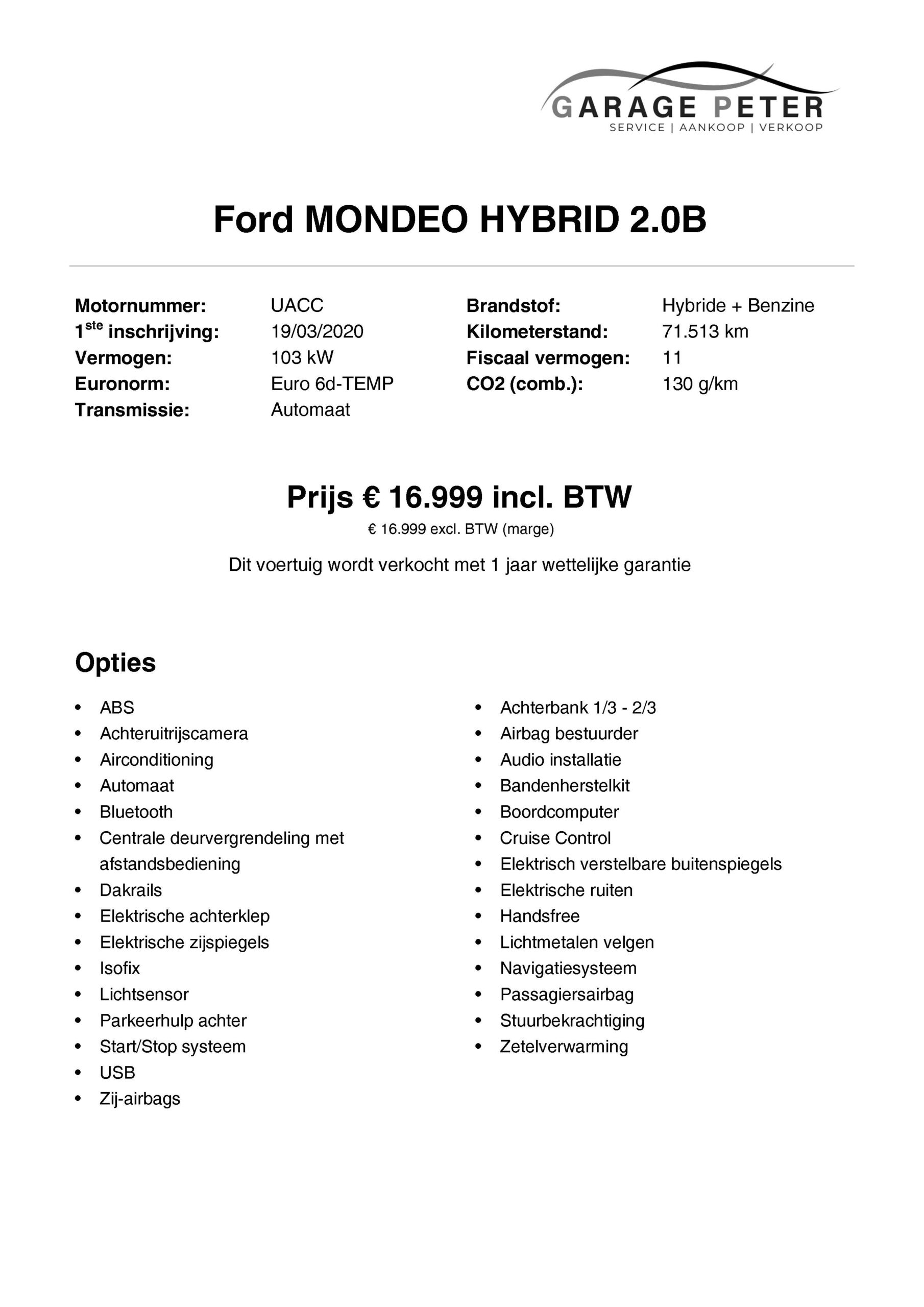 fiche Ford Mondeo 2000 benzine hybrid automaat tweedehandswagens garage peter bredene oostende