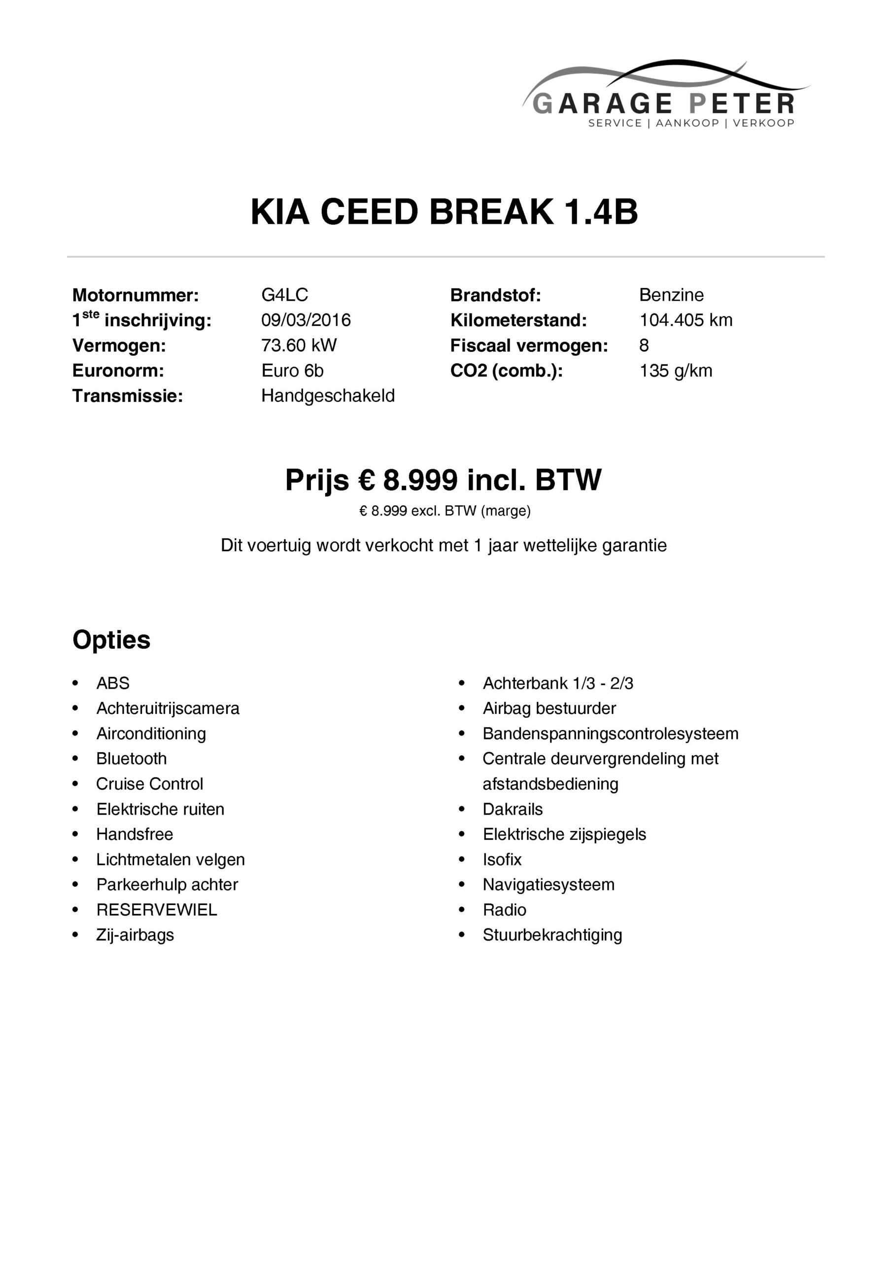 FICHE kia ceed break 1400 benzine 2016 vooraanzicht tweedehandswagens garage peter bredene oostende