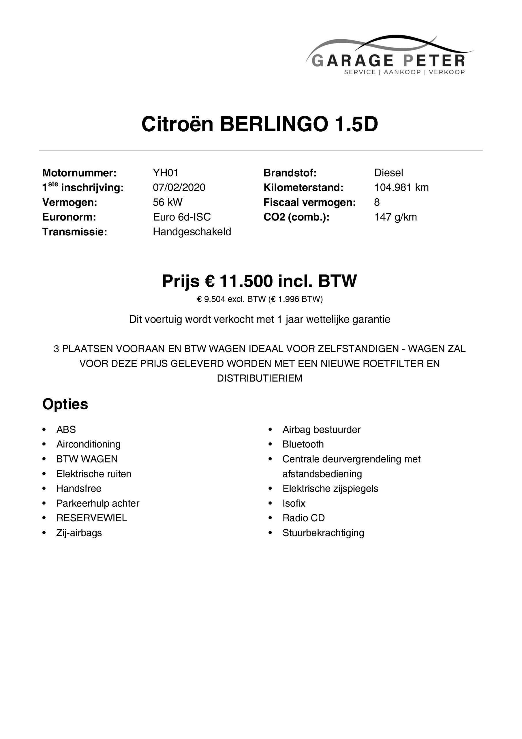 FICHE Citroen Berlingo 1500 diesel lichte vracht tweedehandswagens garage peter bredene oostende