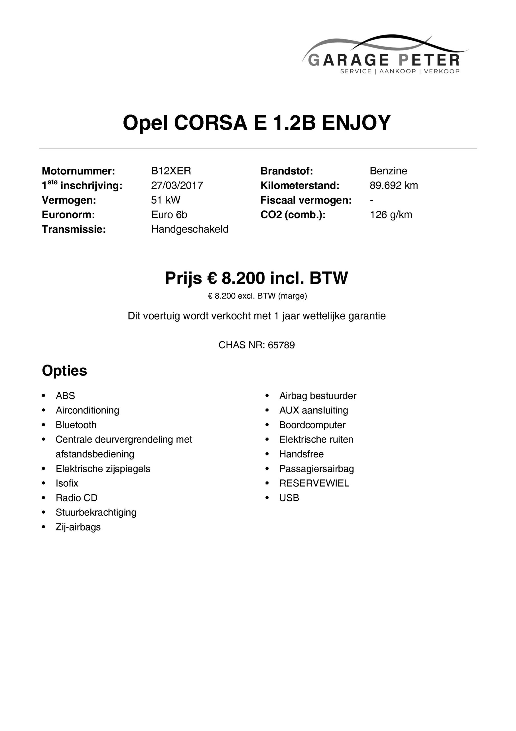 FICHE Opel Corsa E 1200 benzine enjoy tweedehandswagens garage peter bredene oostende
