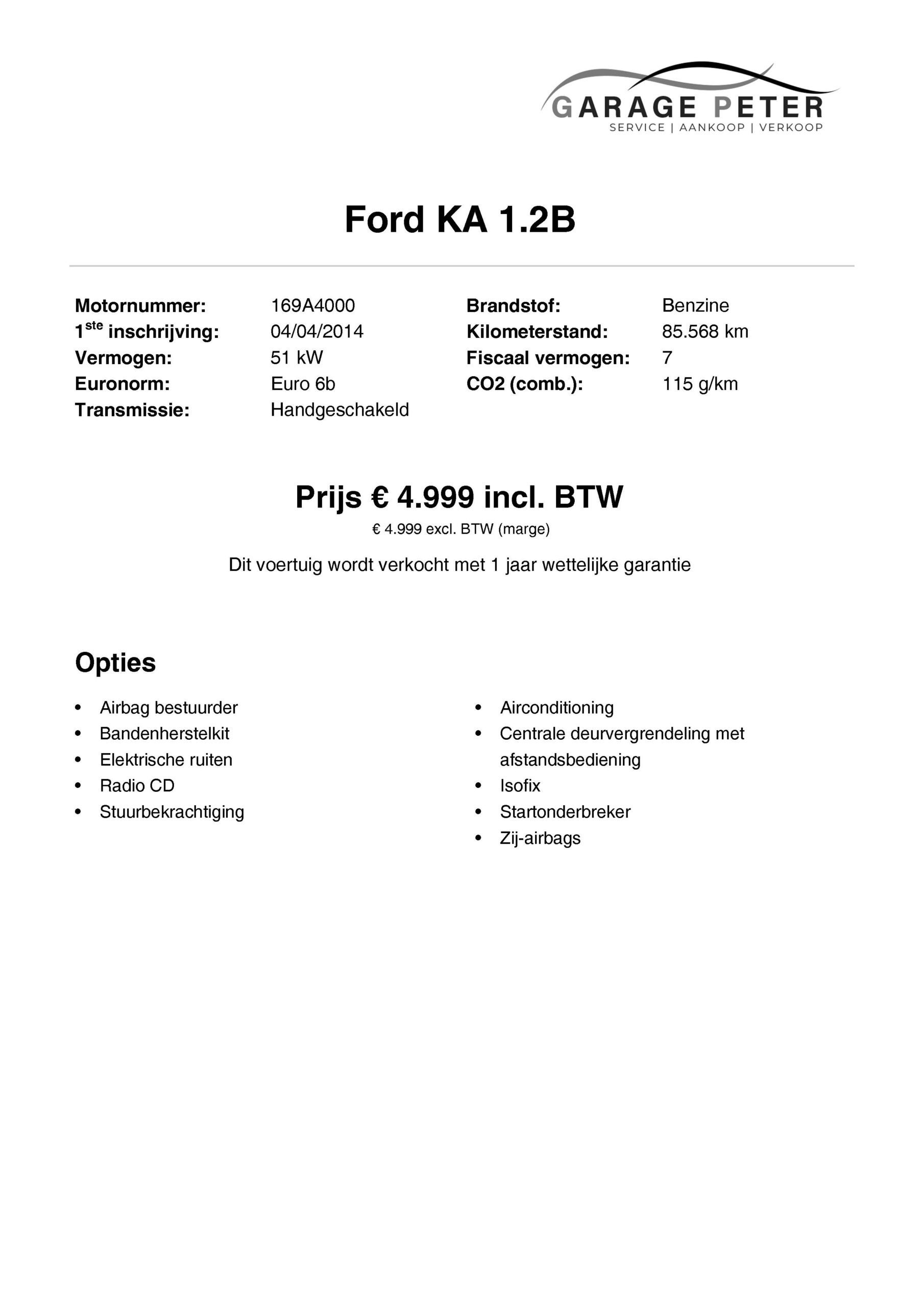 fiche Ford KA 1200 benzine paars tweedehandswagens garage peter bredene oostende