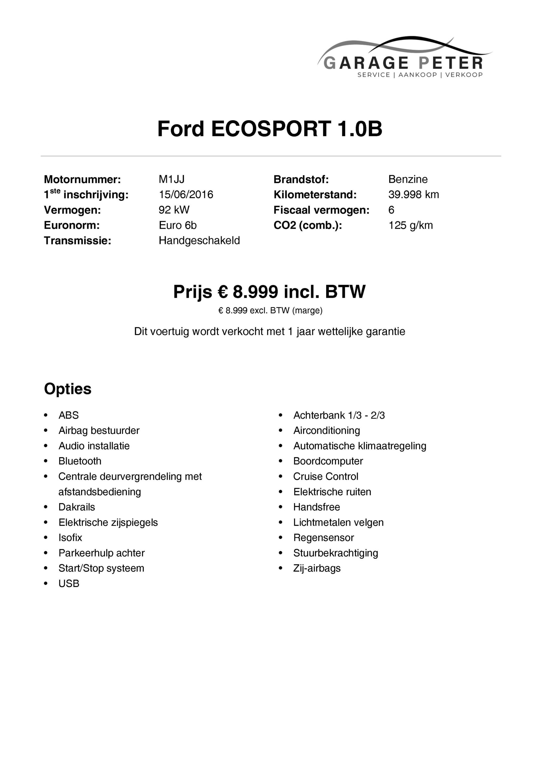 FICHE ford ecosport 1000 benzine tweedehandswagens garage peter bredene oostende