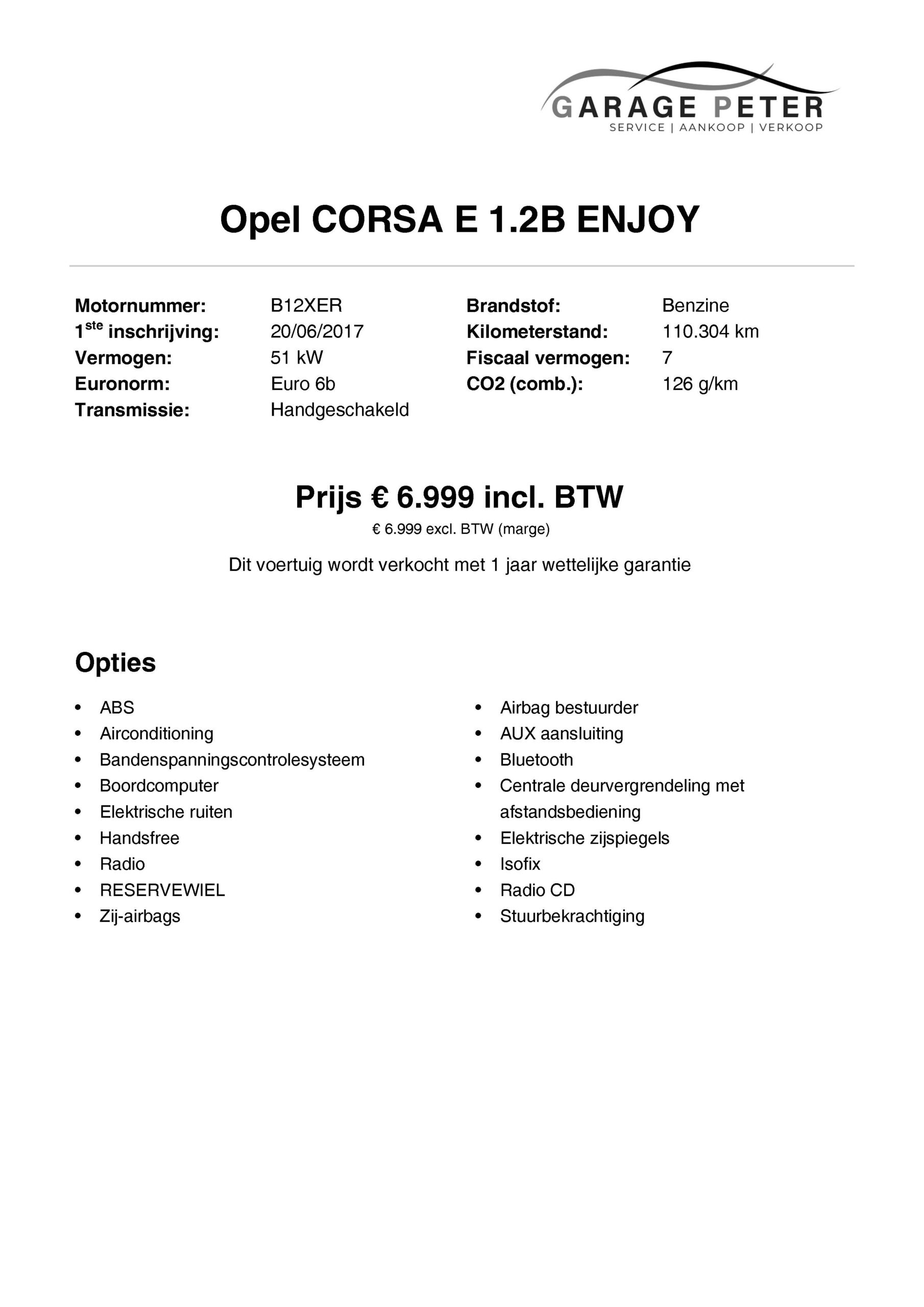 FICHE opel corsa 1200 benzine enjoy tweedehandswagens garage peter bredene oostende