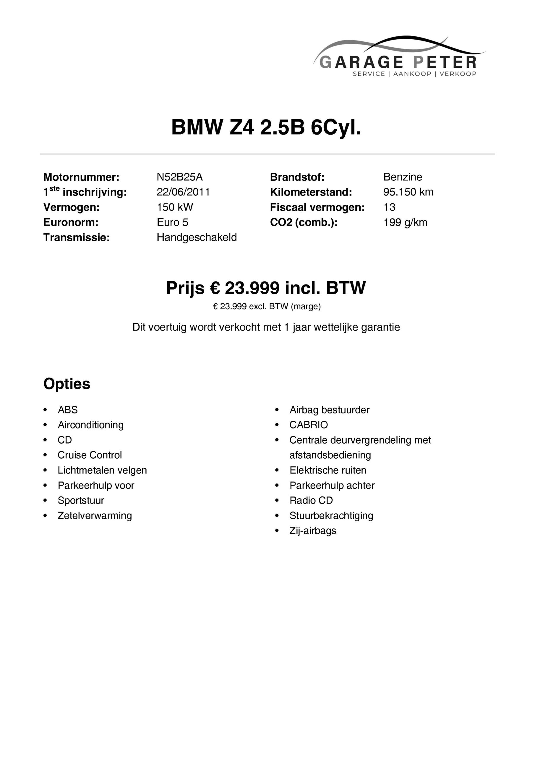 fiche bmw z4 2500 benzine cabrio handgeschakeld tweedehandswagens garage peter bredene oostende