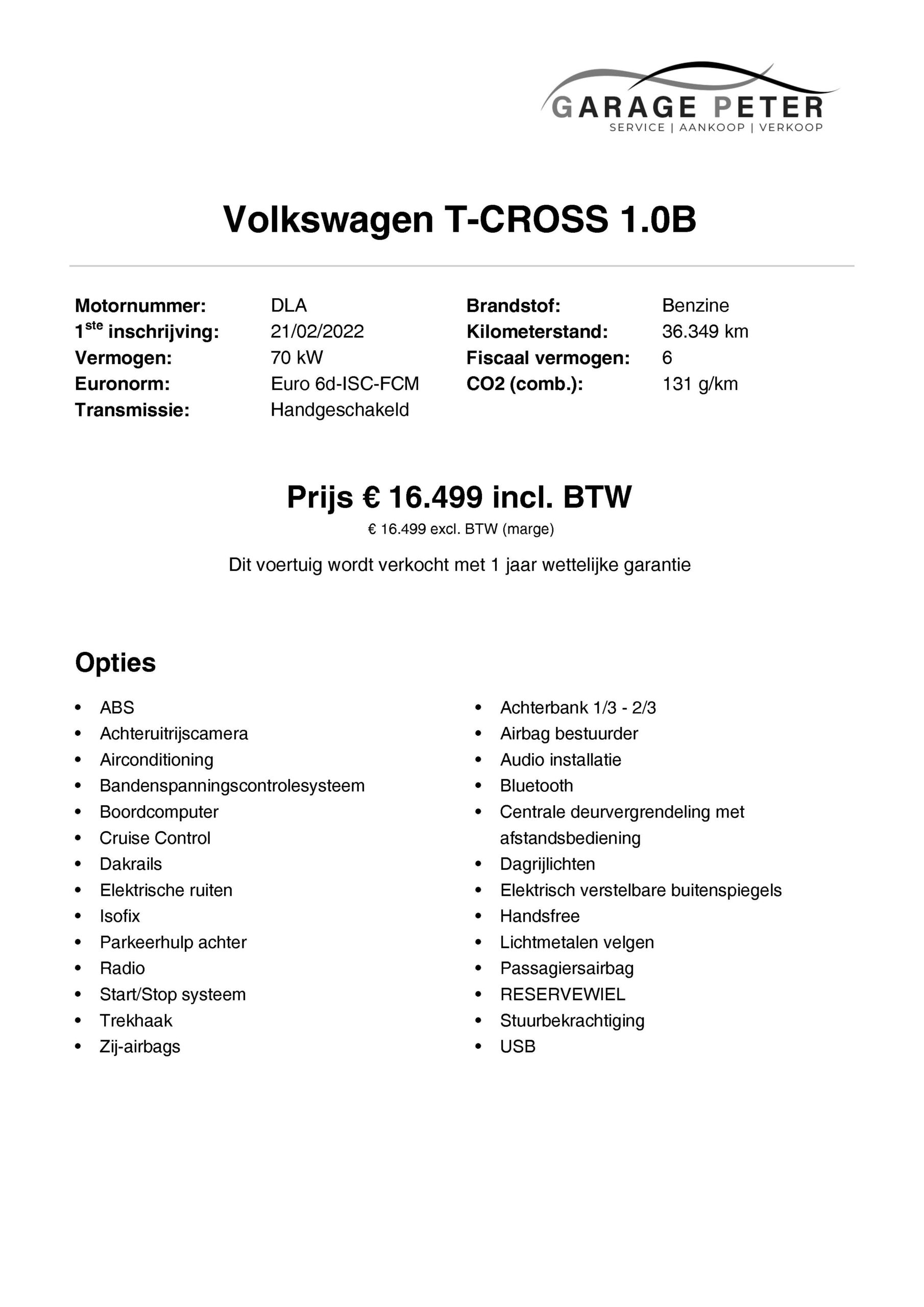 FICHE volkswagen t cross 10 benzine 2022 zilver tweedehandswagens garage peter bredene oostende